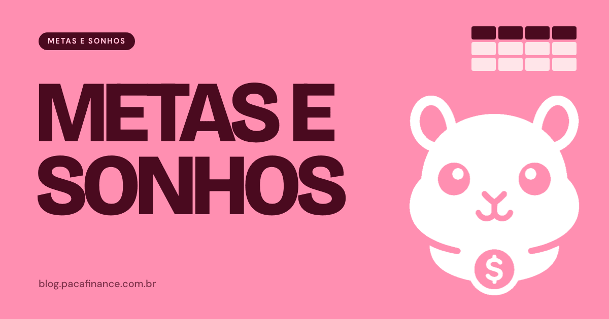 Capa do artigo sobre os custos de uma festa de casamento e o teto do orçamento: fundo rosa, a palavra Metas e sonhos em letra grande e o mascote do Paca.
